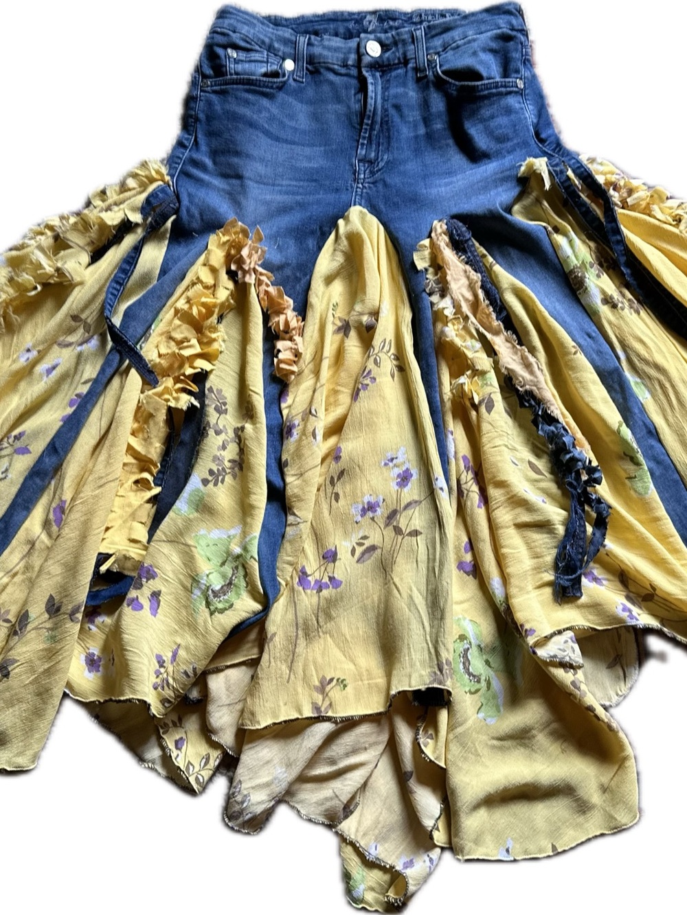 7 For All Mankind Yellow Floral Asymmetrical Skirt with Denim High Waist